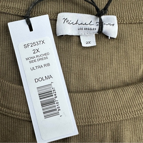 Michael Stars NWT Mona Ruched Side Dress Ultra Ribbed Dolma Green 2X Knee Length - Picture 7 of 9